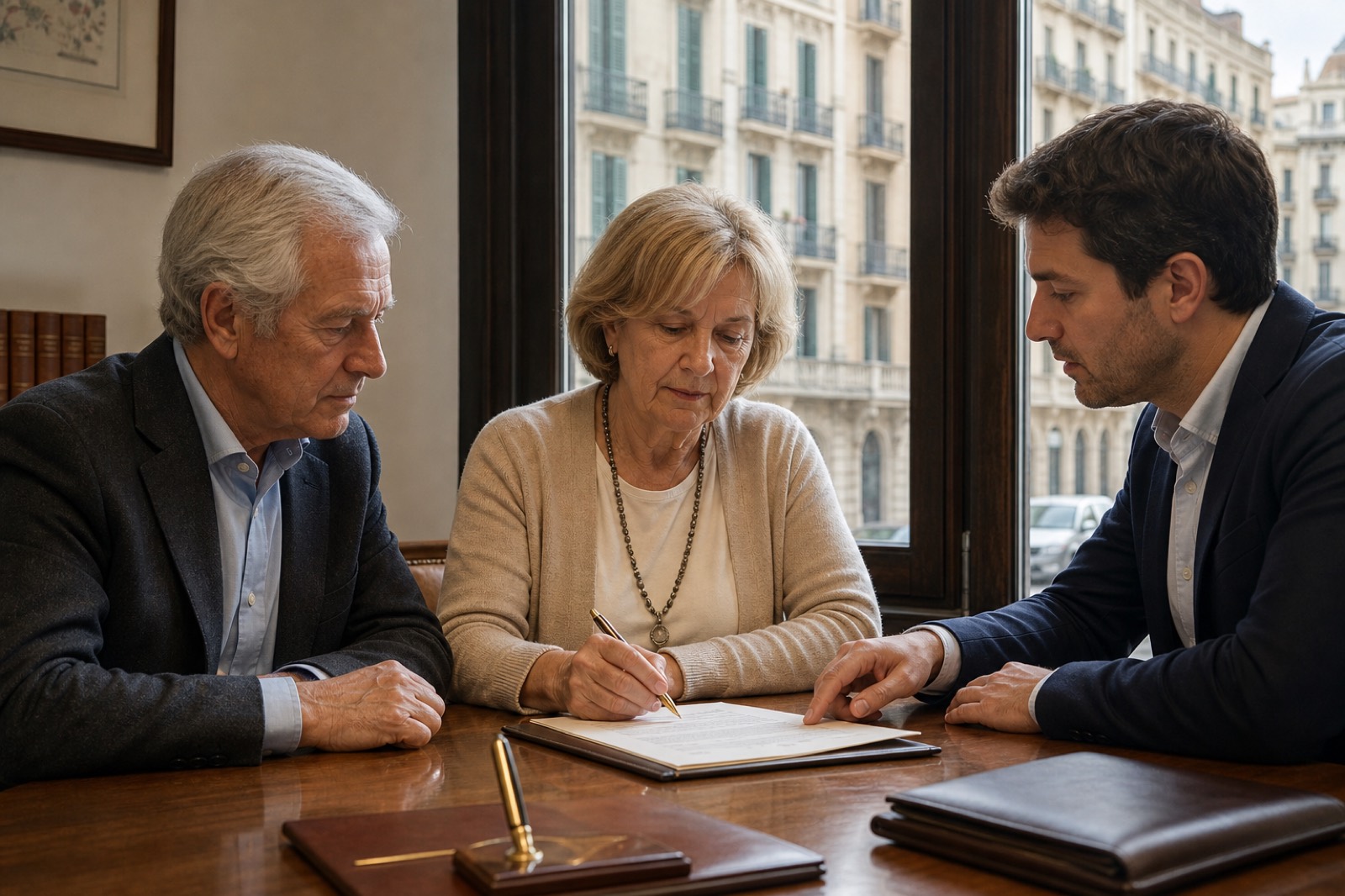 Otorgamiento de pacto sucesorio ante notario en Barcelona con padres e hijo