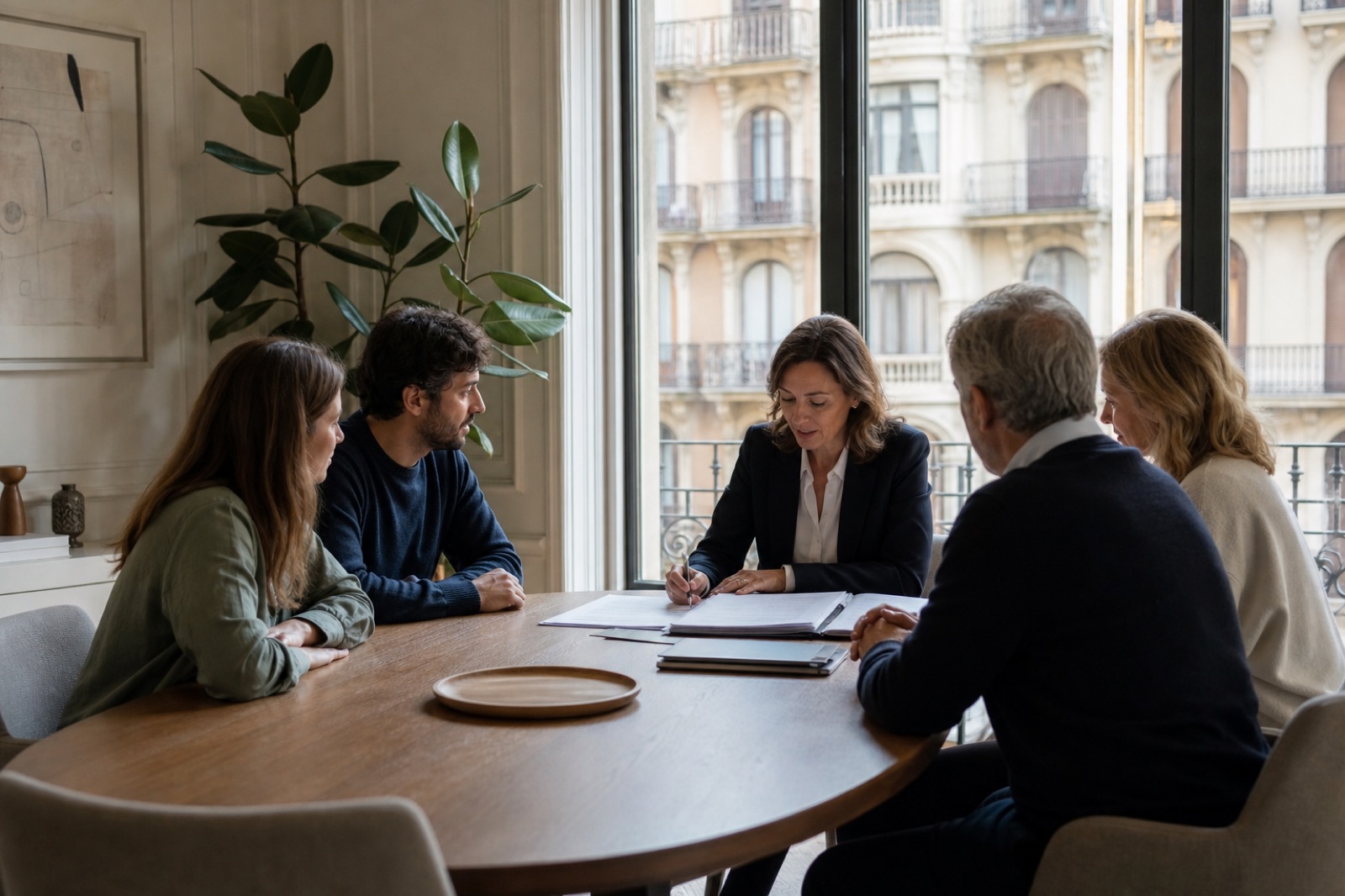 Familia en Barcelona revisando un pacto sucesorio con asesoramiento jurídico